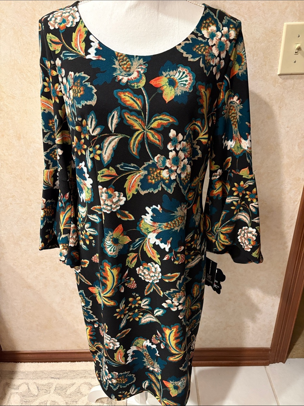 NWT INC International Concepts Black Floral Dress with Teal & Gold Accents, Sz L